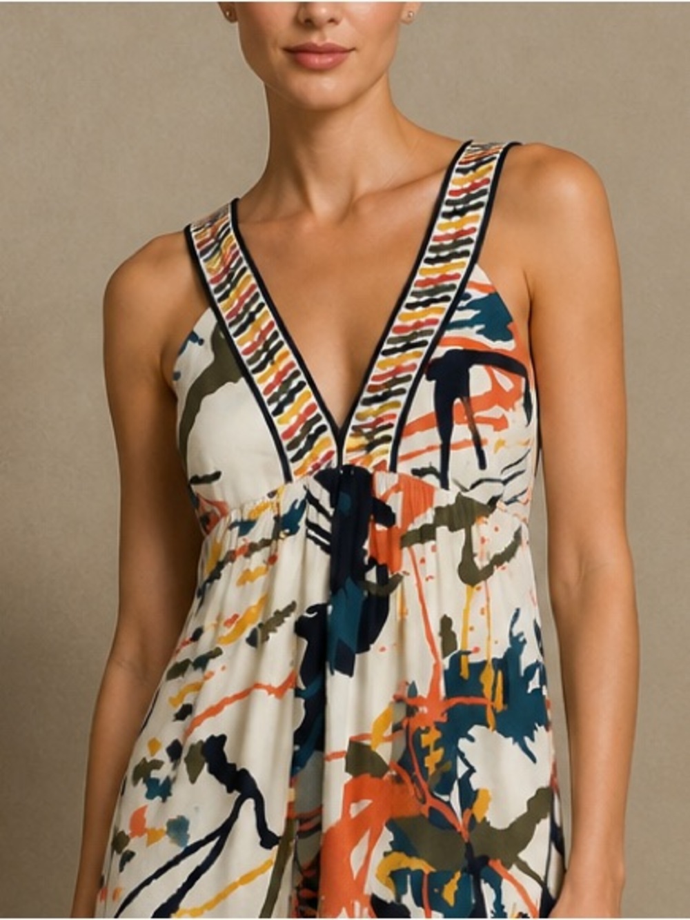 BCBGMaxAzria -Cream Abstract-Print Sleeveless Camisole with Navy & Coral Accents